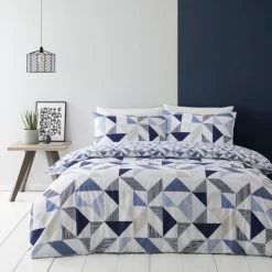 Dunelm Elements Bako Reversible Geometric Blue Duvet Cover And Pillowcase Set -pillowcase shop 1000185747 alt02
