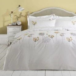 Dunelm Hydrangea Floral Ochre Embroidered Duvet Cover And Pillowcase Set