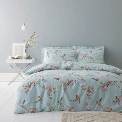 Dunelm Beautiful Birds Duck-Egg Duvet Cover And Pillowcase Set
