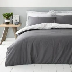 Dunelm Malvern Grey 180 Thread Count 100% Cotton Reversible Duvet Cover And Pillowcase Set