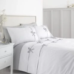 Catherine Lansfield Milo Bow White And Grey Duvet Cover And Pillowcase Set