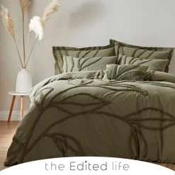 The Edited Life Tufted Leaf Olive 100% Organic Cotton Duvet Cover And Pillowcase Set
