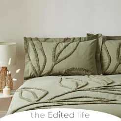 The Edited Life Tufted Leaf Olive 100% Organic Cotton Oxford Pillowcase