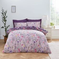 Dunelm Fleur Floral Purple 100% Cotton Reversible Duvet Cover And Pillowcase Set