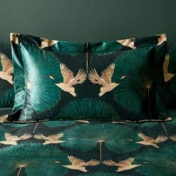 Dunelm Luxe Cranes Emerald Oxford Pillowcase