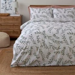 Dunelm Lara Leaf Anti-Allergy 100% Cotton Green Duvet Cover And Pillowcase Set